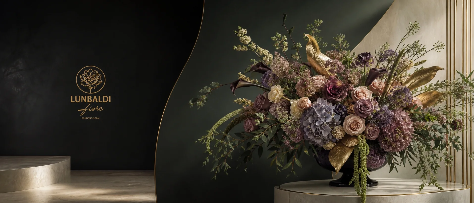 Arreglo floral de autor LUNBALDI fiore sobre pedestal de piedra